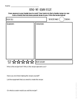 Preview of Hand-Me-Down Recipe Worksheet - Family Recipe Lesson - FCS Printable