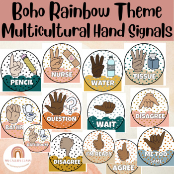 Preview of Hand Signals Classroom Management- Boho Rainbow Theme