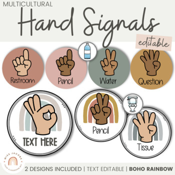 Preview of Hand Signals Posters | Boho Rainbow Neutral Classroom Decor | EDITABLE