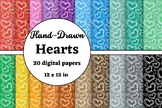 Hand drawn Hearts, colorful digital papers