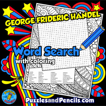 Preview of Handel Word Search Puzzle Activity Page with Coloring | Famous Music Composers