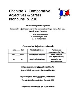 Preview of Handout: Comparative Adjectives in French- Plus...que, Moins...que, Aussi...que