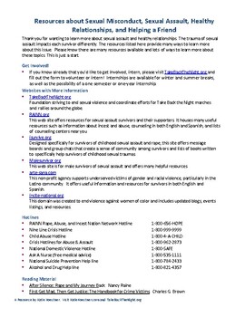 Preview of Handout with Resources for Sexual Misconduct Survivors