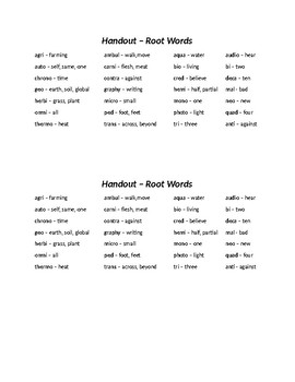 Preview of Handouts and quiz - Root Words