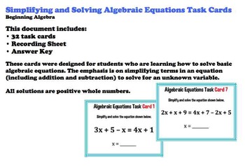 Preview of Algebraic Equations Simplifying Practice Task Cards Algebra
