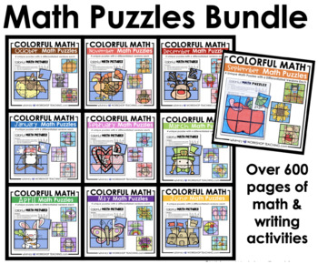 Preview of MATH Puzzles Full Year Bundle + Color By Numbers + Writing 1st Grade