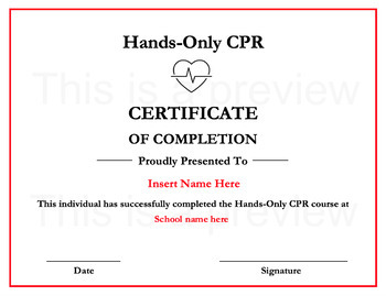 Preview of Hands-Only CPR Certificate Editable