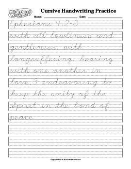 Cursive Handwriting Practice Ephesians 4:2 by Sarah Cummings | TpT