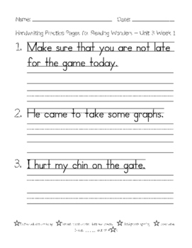 Handwriting Practice Pages for 1st Grade Spelling Words Unit 1-3