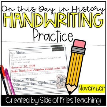 Preview of Handwriting Practice Worksheets Monthly: On This Day in History (November)
