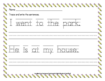 handwriting sentence practice with sight words by allison