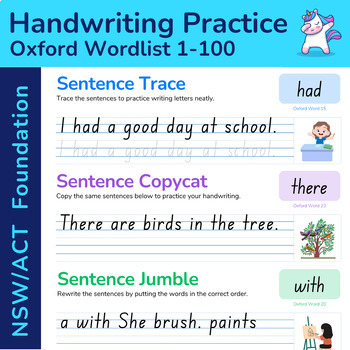 Preview of Handwriting & Sentence Structure Worksheets, NSW/ACT Font, Oxford Words 1-100