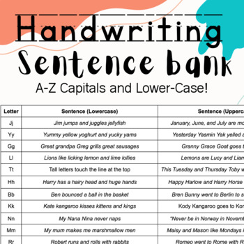 Preview of Handwriting Sentences Bank: A-Z, Uppercase / Capitals and Lower Case!