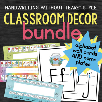 Preview of Handwriting Without Tears® style classroom decor alphabet posters desk name tags