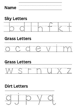 Handwriting practice: Sky letters, grass letters, and dirt letters