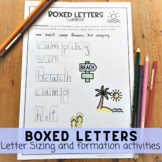 Handwriting practice boxed letters, letter sizing and form