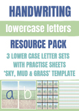 Handwriting resource (lowercase letters): sky, mud and grass