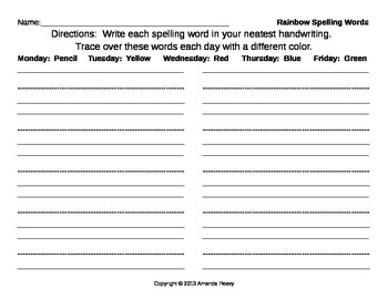 Preview of Handwriting/Spelling Practice-"Rainbow Spelling Words"