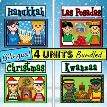Preview of Hanukkah, Christmas, Posadas, Kwanzaa 4 BILINGUAL UNITS:PowerPoint,Digital,Print