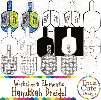Preview of Hanukkah Clip Art Dreidel Worksheet Elements for Tracing Cutting Puzzle Maze