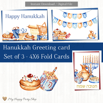 Preview of Hanukkah Greeting Cards - Set of 3, 4X6 inches Fold Cards, Printable