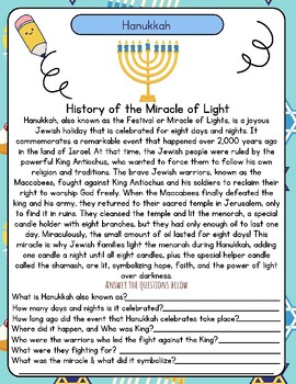 Preview of Hanukkah: History of the Miracle of Light Reading Comprehension Q & A Worksheet