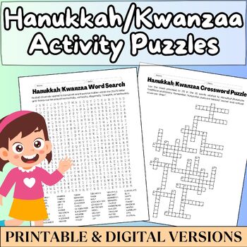 Preview of Hanukkah/Kwanzaa Activities Pack| Word Search- Hard 60 Words | Crossword | Maze