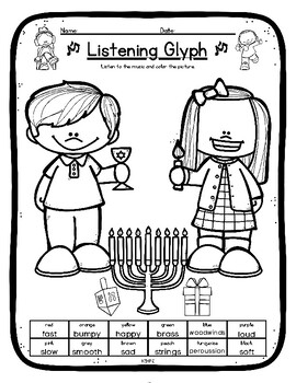 Preview of Hanukkah Listening Glyph Elements of Music Coloring Worksheet Activity