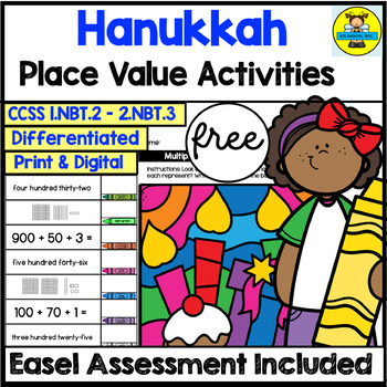 Preview of Hanukkah Math Activities Place Value and Assessment English and Spanish