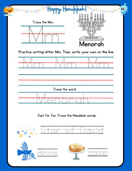 Preview of Hanukkah Menorah Handwriting Practice Letter M Trace Print & Color Write Words
