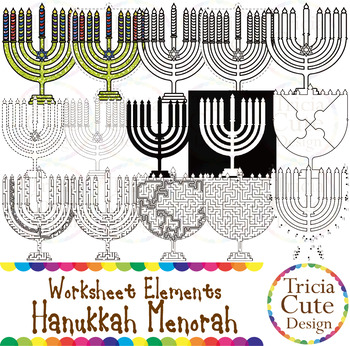Preview of Hanukkah Menorah Worksheet Elements Clip Art for Tracing Cutting Puzzle Maze