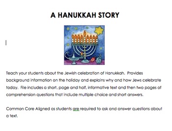 Hanukkah Short Nonfiction Printable Story with Comprehension Questions