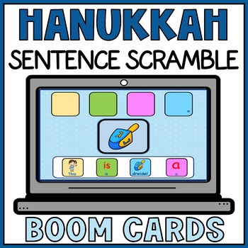Preview of Hanukkah Symbols Sentence Scramble Boom Cards - Special Education Writing