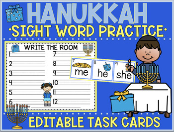 Preview of Hanukkah Theme | Sight Word Practice | Write the Room | Task Cards | EDITABLE