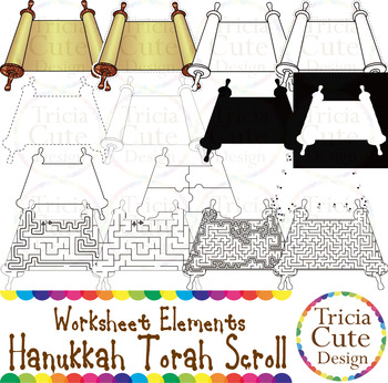 Preview of Hanukkah Torah Scroll Worksheet Elements Clip Art for Tracing Cutting Puzzle