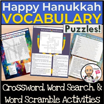 Preview of Hanukkah Vocabulary Puzzles | Crossword, Word Search & Word Scramble Activities