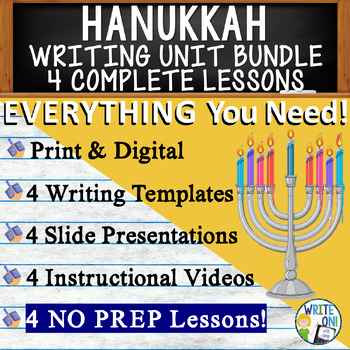 Preview of Hanukkah Unit - 4 Essay Writing Prompts, Graphic Organizers, Rubrics, Templates