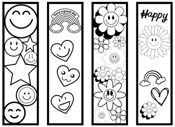 Four Color-in Bookmarks! Happiness Bookmarks: Smiley Faces, Hearts, Flowers