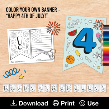 Preview of Happy 4th of July Sign, Printable Coloring Banner, DIY Independence Day Activity
