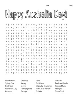 Preview of Happy Australia Day! -  Basic Wordsearch with Key and Coloring Page