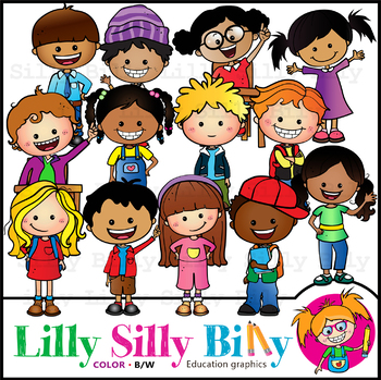 Preview of Happy BIG Kids. Clipart. BLACK AND WHITE & Color images . {Lilly Silly Billy}