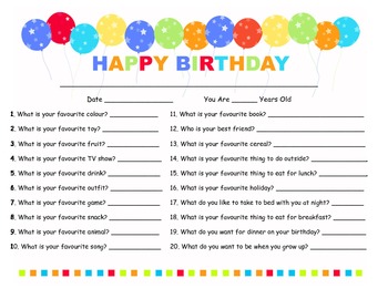 Happy Birthday 20 Questions by MrsMcDermid | TPT