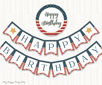 Preview of Happy Birthday Banner, Printable, USA, America Flag, Bulleting Board, PRINTABLE