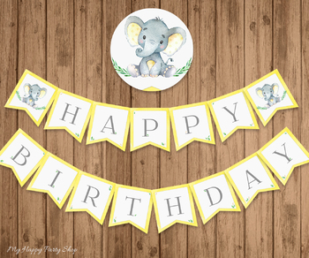 Preview of Happy Birthday Banner, Yellow Elephant, Bday Decor, PRINTABLE