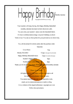 Preview of Happy Birthday Basketball Monthly Calendar