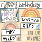 Happy Birthday Bulletin Board Display Posters Boho Muted Rainbow Theme Editable
