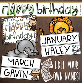 Preview of Happy Birthday Bulletin Board Display Posters Jungle Safari Theme Editable