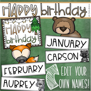 Preview of Happy Birthday Bulletin Board Display Posters Woodland Animals Theme Editable