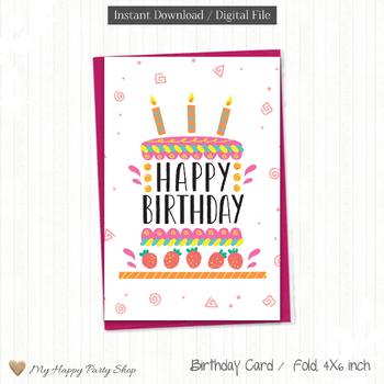 Happy Birthday Card, Happy Bday, Birthday Cake Greeting Card, 4