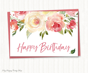 Happy Birthday Card, Happy Bday, Watercolor Rose Greeting Card, 4